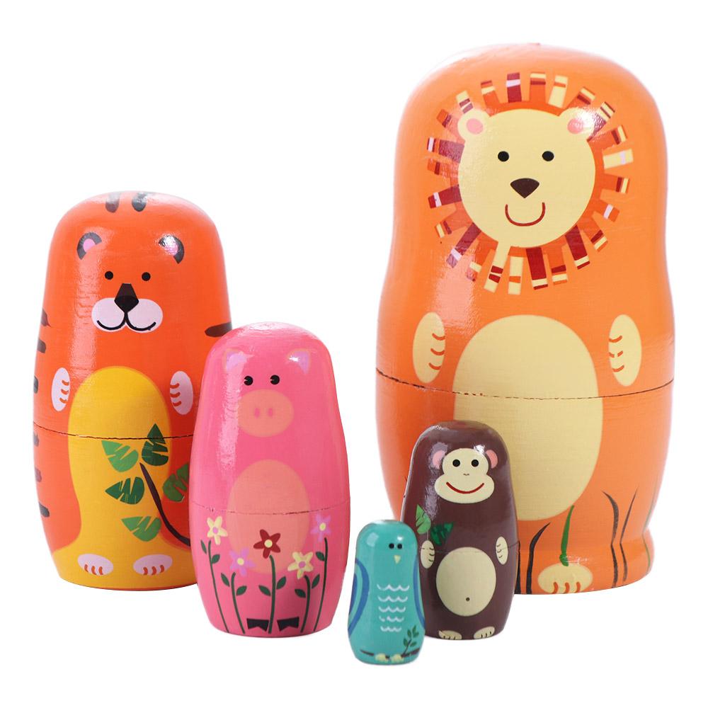 Adorno de madera anidado decoraciones hechas a mano Matryoshka patrón de animales de 5 capas apilamiento