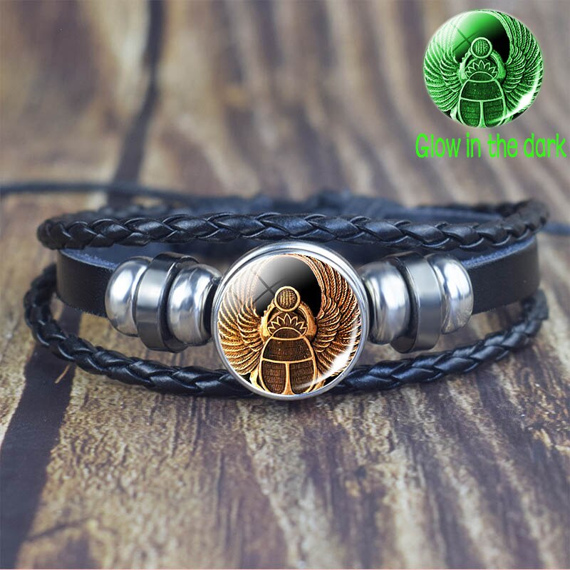 Pulsera de Ankh egipcio que brilla en la oscuridad, brazalete Punk Vintage Antiguo Egipto Anubis Scarab diosa, pulseras multicapa, joyería de amuleto: as show 6