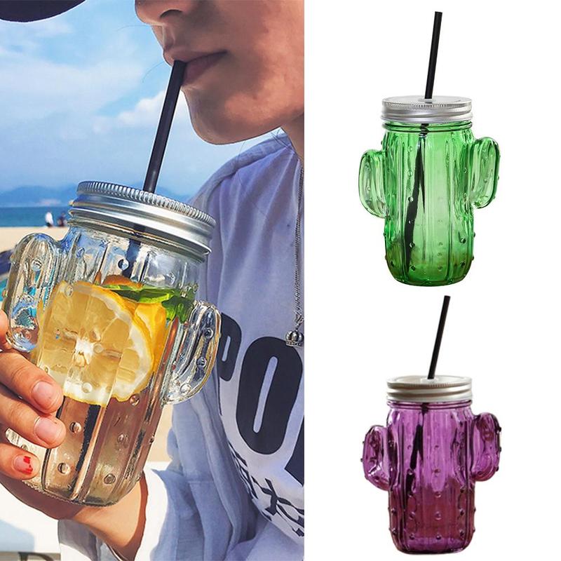 ¡Novedad de ! vaso de agua pequeño con forma de Cactus, Pajita de cristal, vaso de agua para el verano, para el hogar, zumo, bebida fría, vaso de albañil