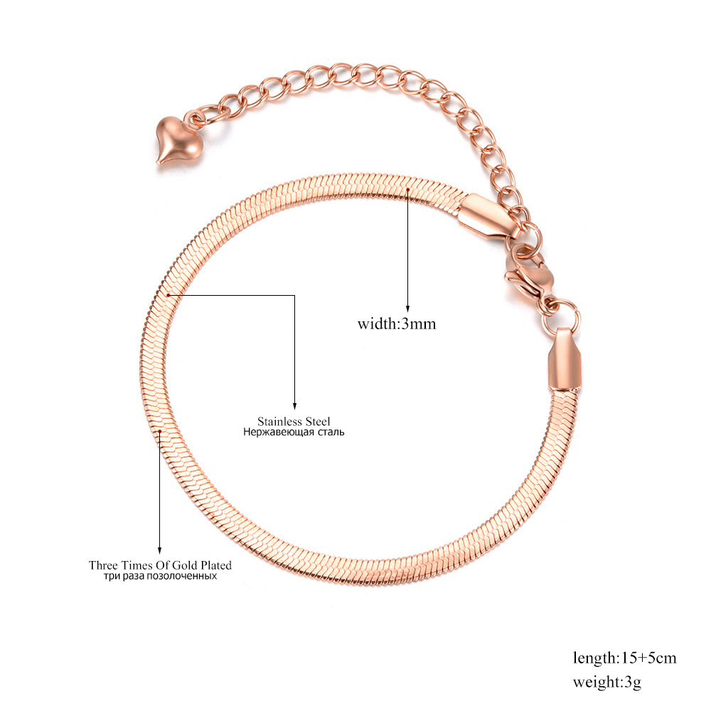 Lokaer, pulseras finas de cadena de serpiente de acero inoxidable y titanio para mujeres y niñas, pulsera de hoja de Bohemia chapada en oro rosa B18075