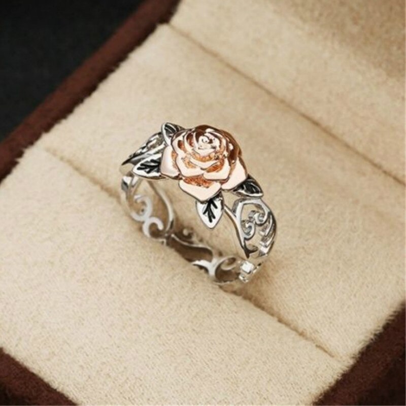 Rose Gold Plated Flower Ring European and Beautiful Women Retro Silver Plated Color Separation Ring Hand Jewelry