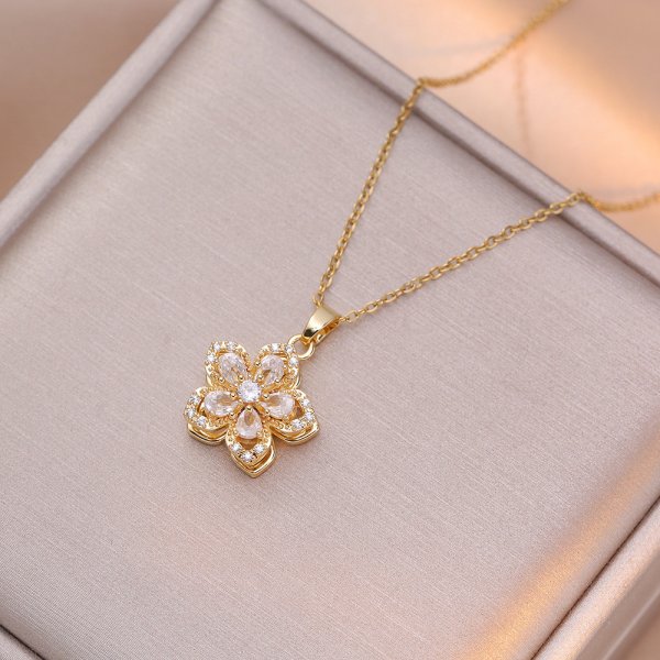 Collar con colgante de tulipán de acero inoxidable ligero de lujo para mujer, cadena de Color dorado, collar de flores, de joyería de la suerte para niñas: Bronce antiguo plateado