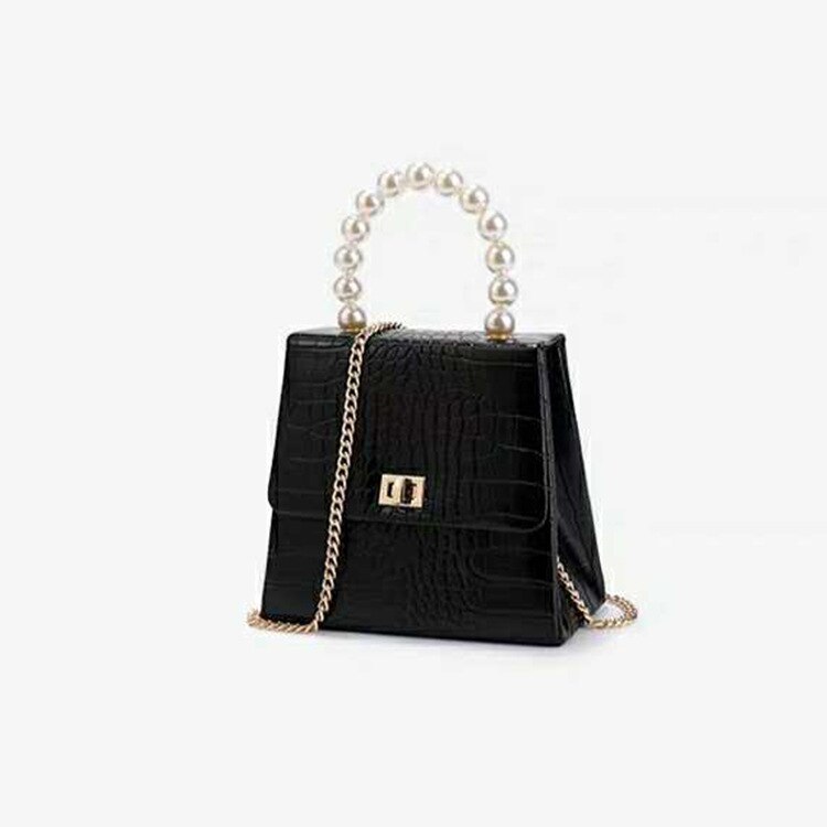 Cross border women's bag autumn and winter Pearl handbag Korean version tide crocodile single shoulder slant cross bag: Black with Lock