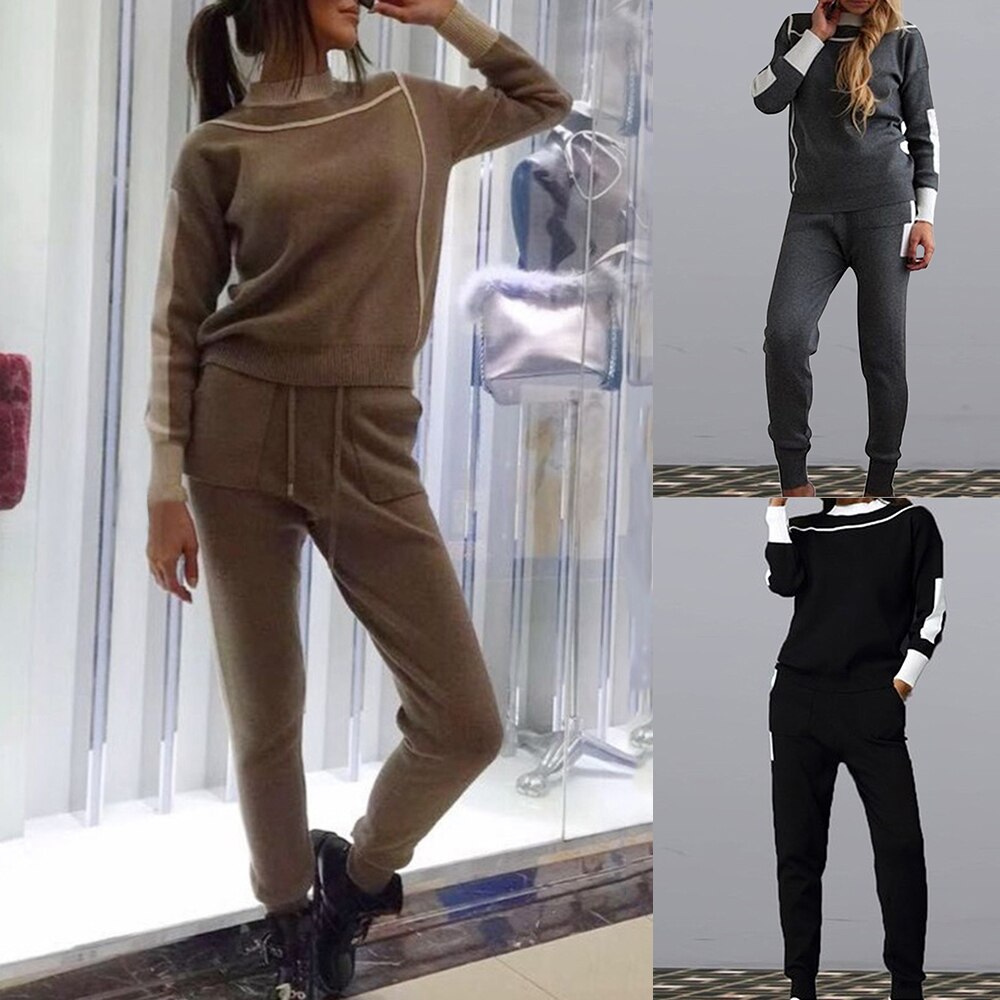 Loozykit 2 Stück setzt Sport einstellen Outfits Frau betroffen lässig Trainingsanzüge Crewneck zur Seite fahren + Kordelzug Elastische Hosen zur Seite fahren Anzüge