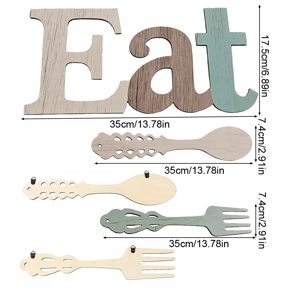 Fork Spoon Eat Sign Set Cafe Restaurant Rustic Wood Farmhouse With Screws Home Kitchen Bar Easy Install Wall Hanging Plaque DIY