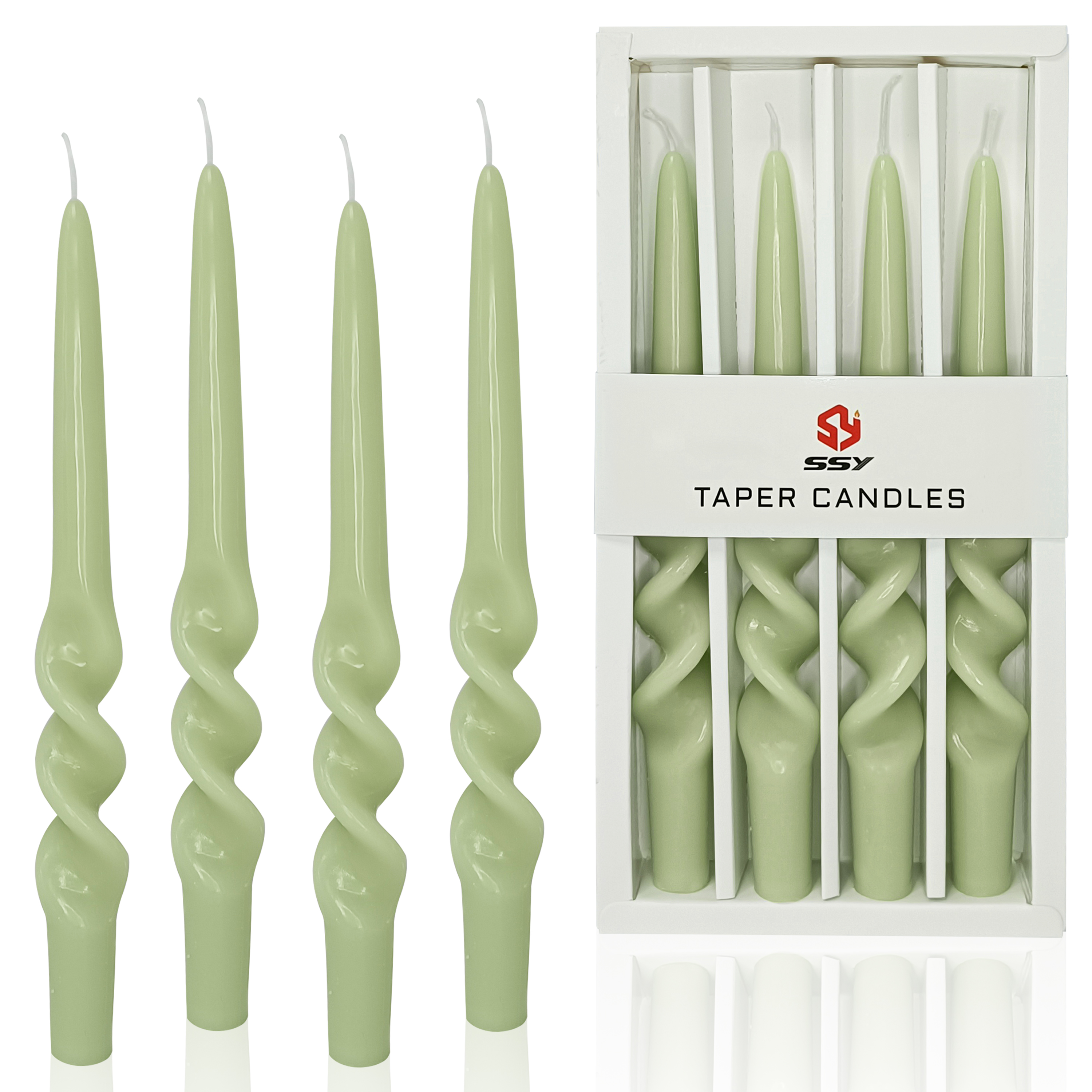 4 PACK CHRISTMAS DECORATIVE SPIRAL TAPER CANDLES GREEN & RED DINNER CANDLESTICKS: green