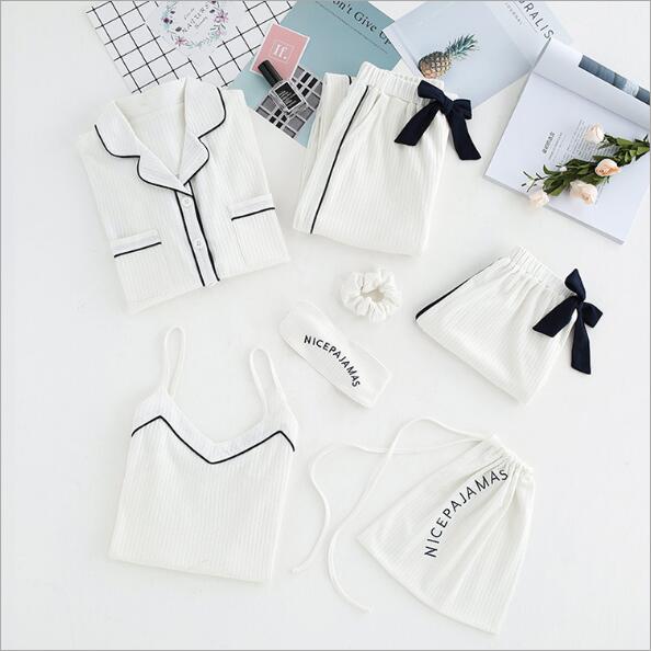 Pyjama Vrouwen 7 Pcs Pijama Sexy Night Suit Nachtkleding 100% Katoen Pyjama Set Lente Zomer: WHITE / XL