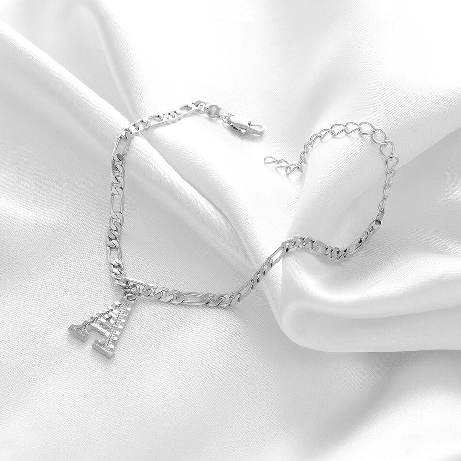 Anniyo 21cm + 10cm przedłużka do łańcuszka/A-Z początkowa kolor srebrny list Anklet kobiety alfabet biżuteria łańcuszek na kostkę Figaro łańcuchy # 233806B