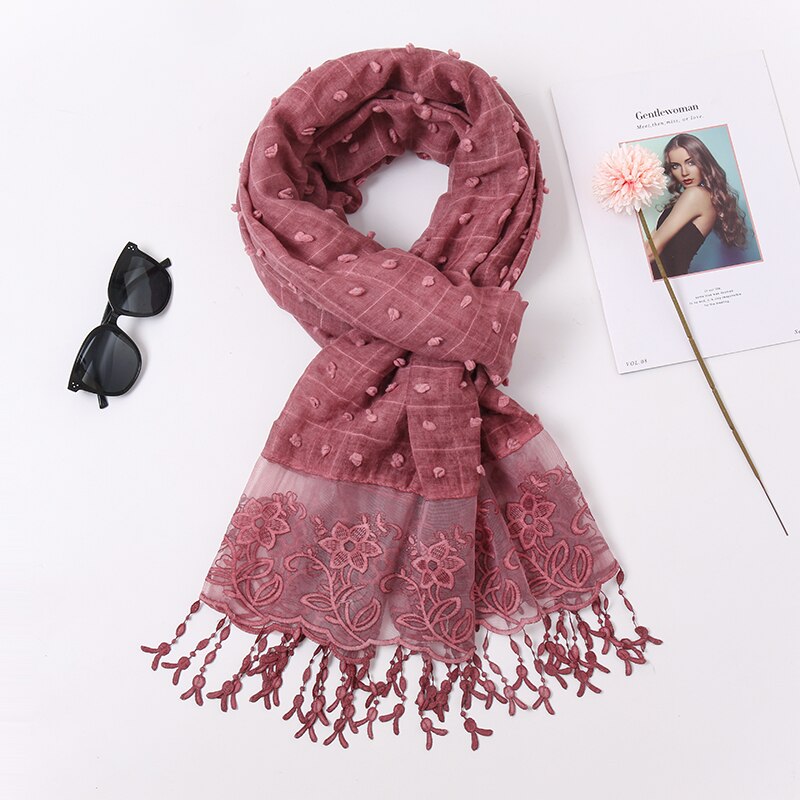 plaine Pom coton écharpe Plaid gland dentelle brodé coton foulards femmes musulman Hijab étoles femme bandeau à fleurs 1PC: 3