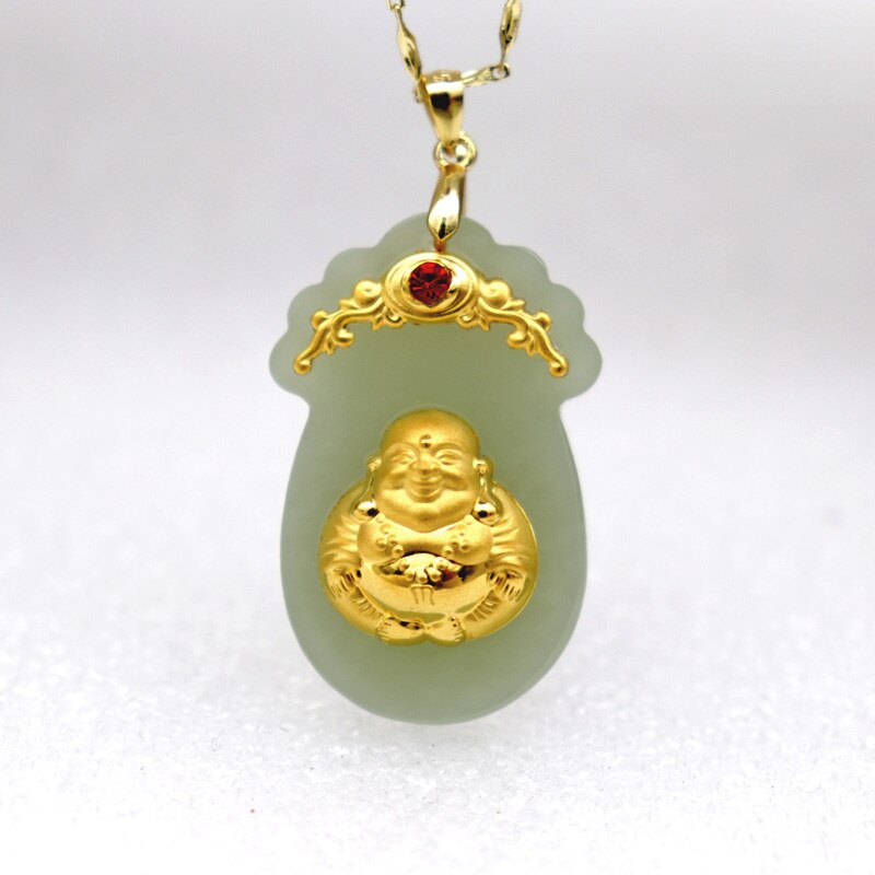 Natural Men Women Good Lucky Hetian Jades Necklace 24K Gold Carved Smiley Face Buddha Inlaid Rhinestone Amulet Buddhist Pendant: Default Title