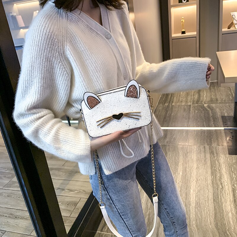 Trend kvinnliga väskor pu läder axelväska dam katt mönster kvinnlig messenger bag små handväskor