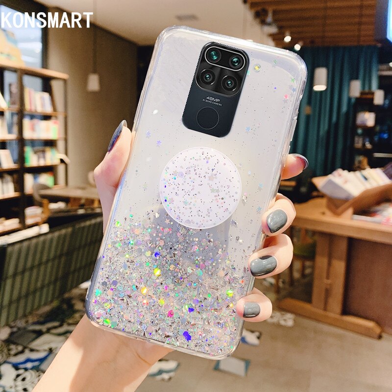 KONSMART For Xiaomi Redmi Note 9 Case Glitter Star Clear Silicone Soft 6.53" Back Cover Redmi Note 9 Phone Case With Holder Capa: Clear