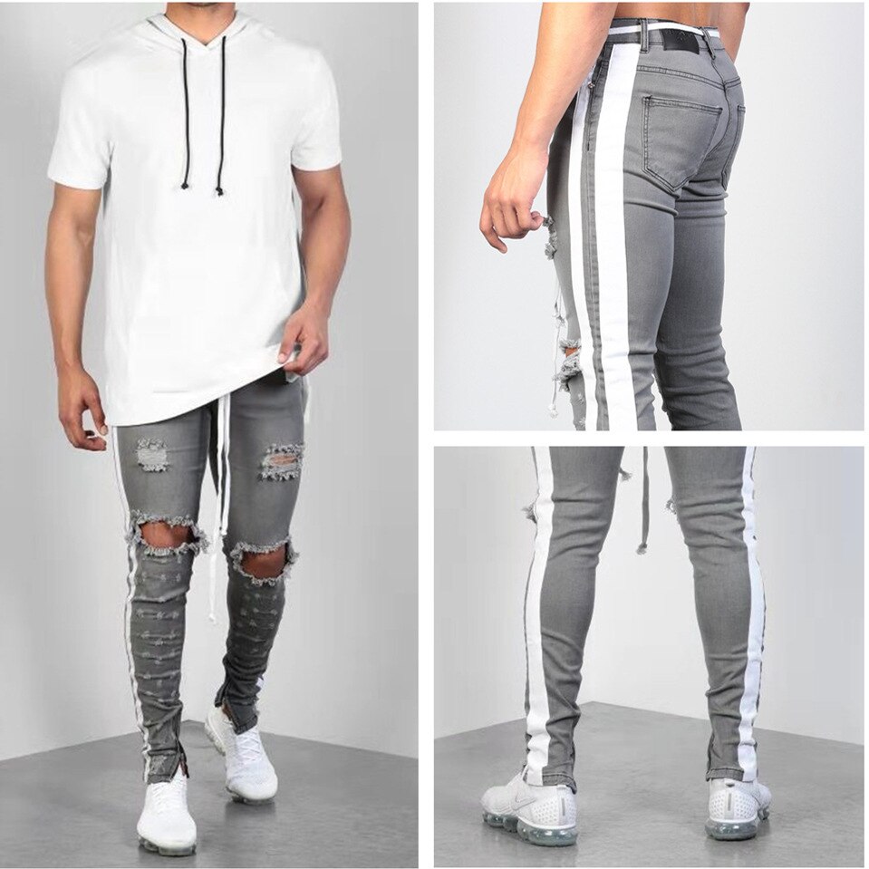 Pantalones vaqueros rasgados de Color gris S-3xl tallas pequeñas pantalones vaqueros ceñidos con agujeros decoración para hombres pantalones vaqueros rasgados con rayas blancas laterales nuevos Pantalones