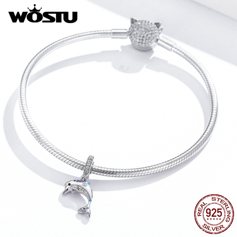 WOSTU Echt 925 Sterling Silber SchöNe Delfin Reize Zirkon Korn passen Original Armbinde Anhänger Für Frauen Schmuck CTC159