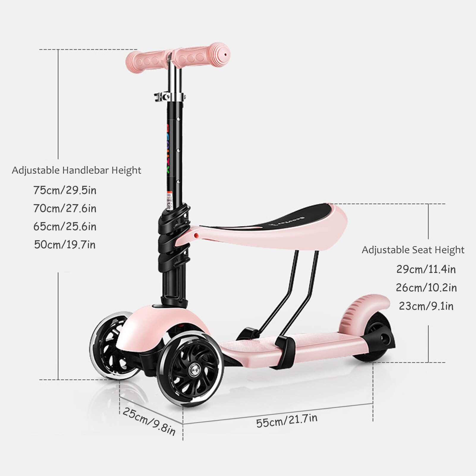 Three Wheeled Scooter 3 in 1 Kick Scooter Sport Scooter With Adjustable Height Options Seat Handlebar for Kids Toddler Age 2-6