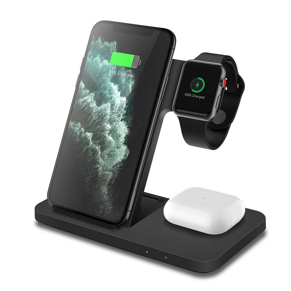Dcae 3 In 1 Draadloze Oplader Voor Airpods Pro Apple Horloge 6 5 4 3 2 Qi 15W Snelle charging Stand Voor Iwatch Iphone 12 11 Xs Xr X 8: 3 In 1 Black