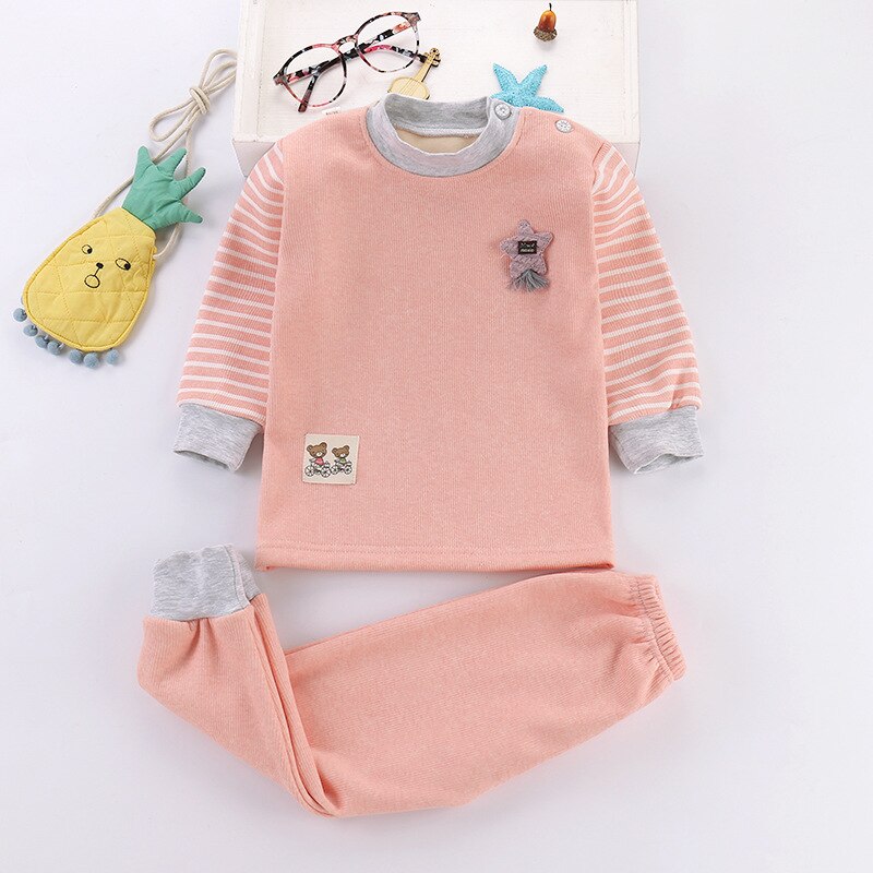 Kinderen Pyjama Set Jongens Meisjes Stretch Stof Herfst Herfst Winter Dikke Warme Peuter Kinderen Pjs Top En Broek Sets: Pink / 3T (85-95cm)