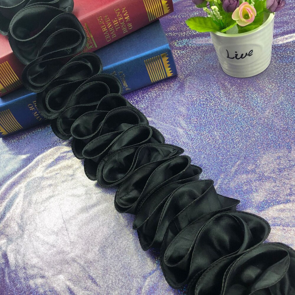 1Yard 10CM Wide Gathered Pleated Satin Lace Wave S Shape Ruffle Frill Trim Ribbon Shiny Sewing Dentelle: black