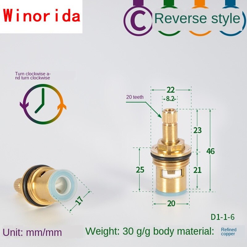 Faucet Copper Valve Core and Cold Water Fast Opening Triangle Valve Switch Ceramic Valve Core Copper Head Repair Parts: Section C reverse
