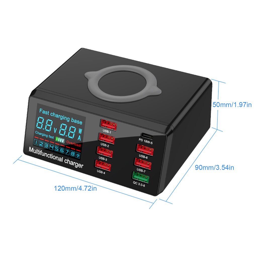 100W PD QC 3,0 Schnell Ladegerät 8 Ports Smart USB Digital Display Lade Dock Station Qi Drahtlose Schnelle Ladegerät für iPhone Samsung