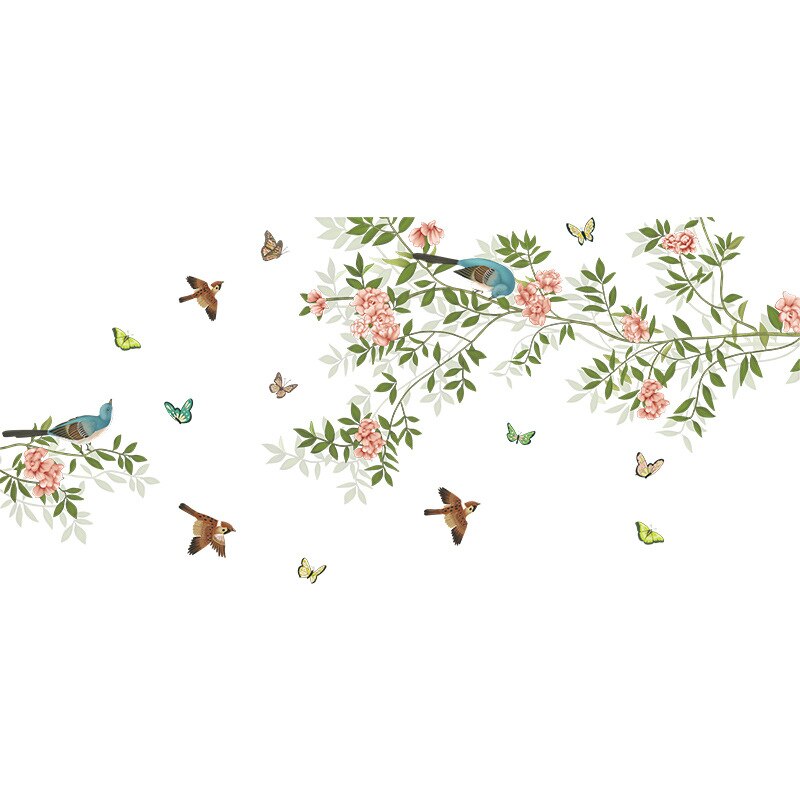 Chinese Style Small Fresh Branches Wall Stickers Flowers Bird Bedroom Living Room Home Decor Self-adhesive Removable Wallpaper: Default Title