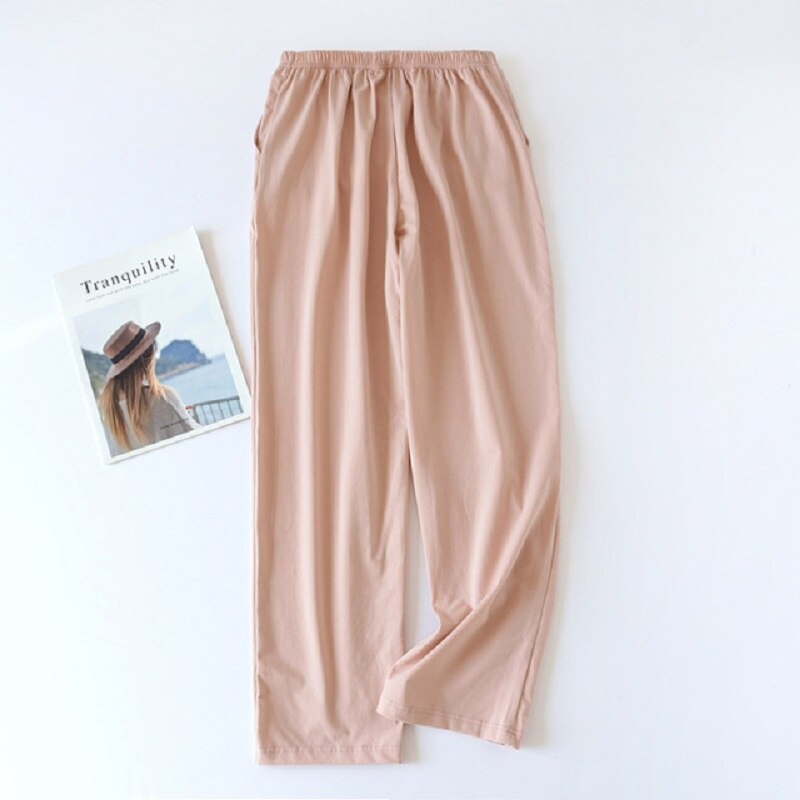 Spring Summer Lovers Loose Thin Sleep Bottoms Solid Color Men Women Full Length Pants Elastic Waist Couples Caual Wear: women-pink / L