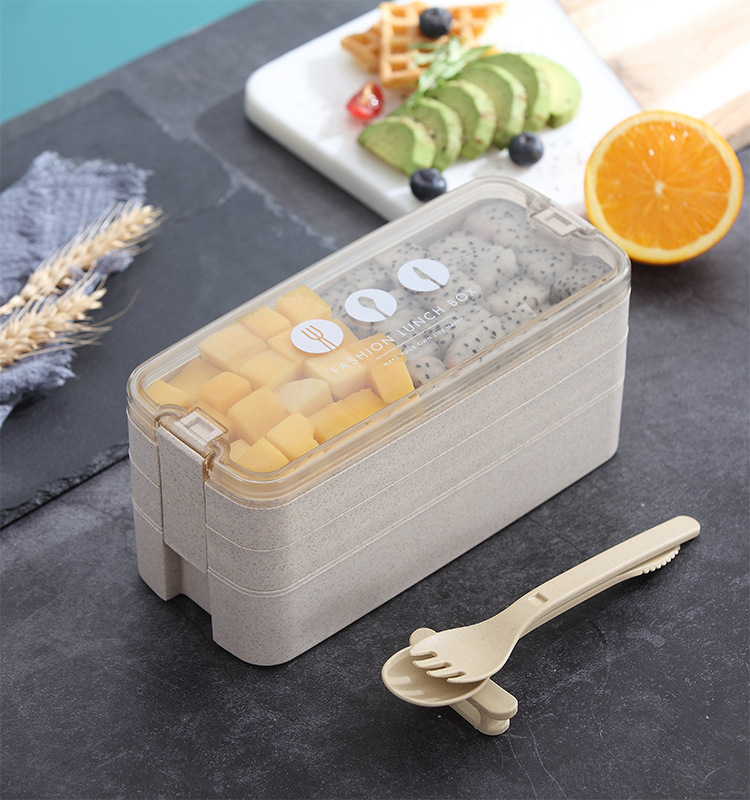 Wheat Straw 3 Layer Lunch Box Microwavable Heating Bento Box for School Children's Snack Fruit Salad Portable Food Containers