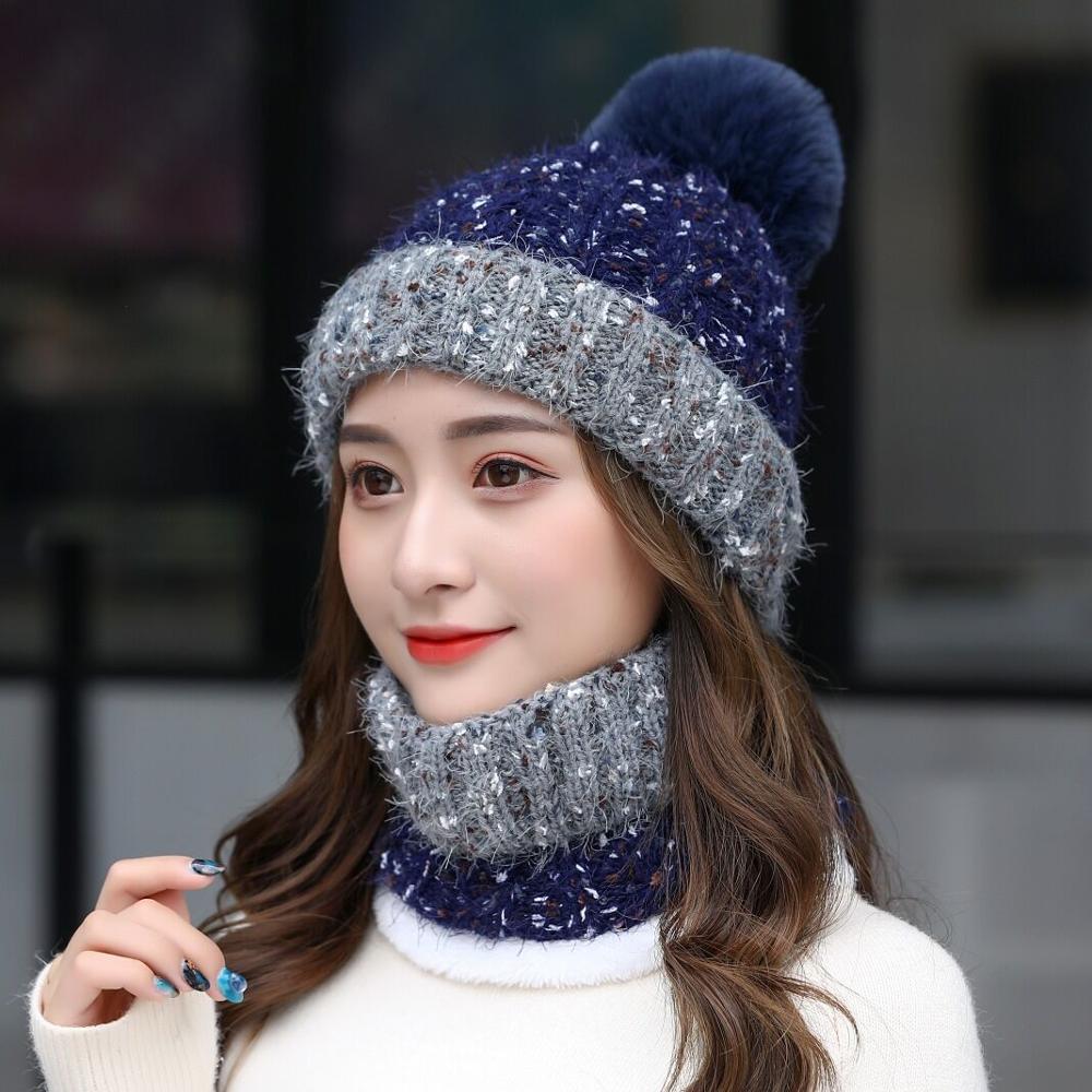 Strikket vinterhue tørklæde sæt til kvinder vindtæt tykke varme beanies og ring tørklæde kvindelige strikkede hat tilbehør piger: Mørkeblå
