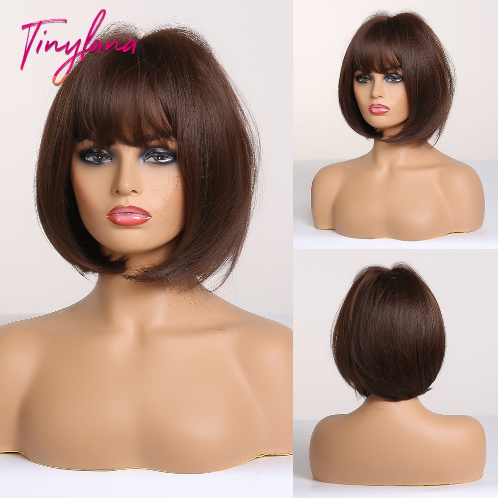 TINY-pelucas sintéticas de LANA recto oscuro para mujer, con flequillo, peluca de Bob corto, pelo Bobo resistente al calor, para Cosplay