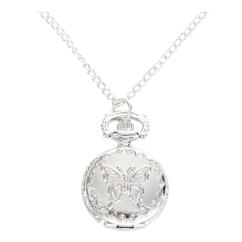 Zilver Quartz Vlinder Arabische Cijfers Zakhorloge Met Vintage Ketting: Default Title