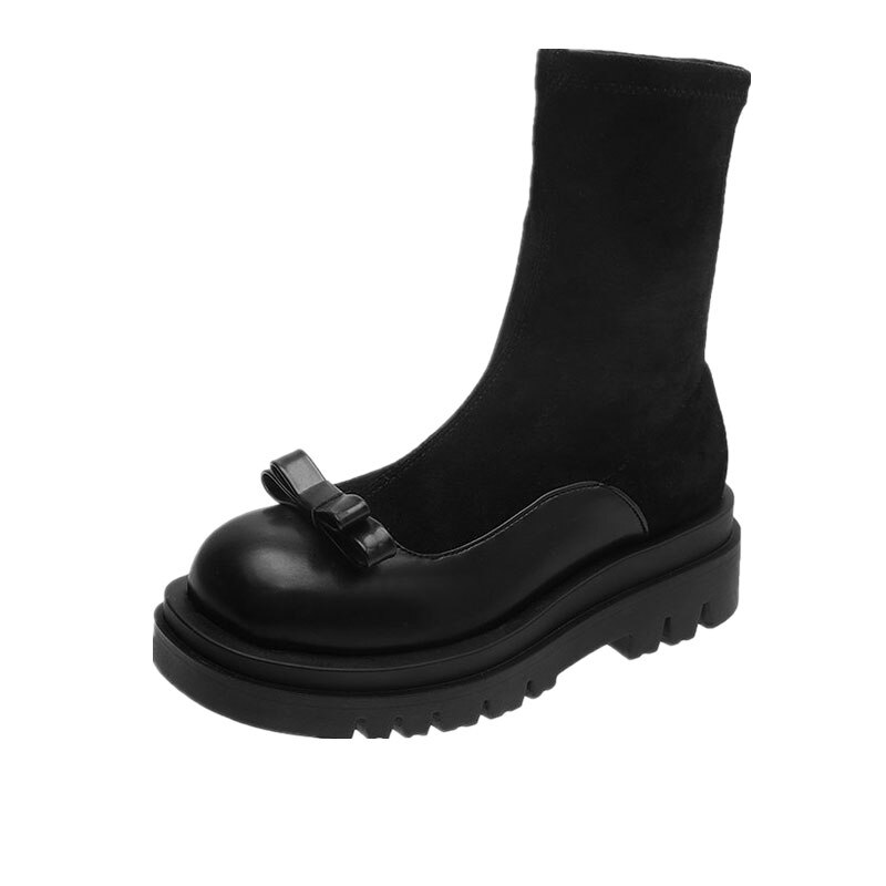 Bottes d'hiver dame talon plat femme chaussures bottes-femmes bout rond mi mollet bas caoutchouc Lolita automne Med Rock