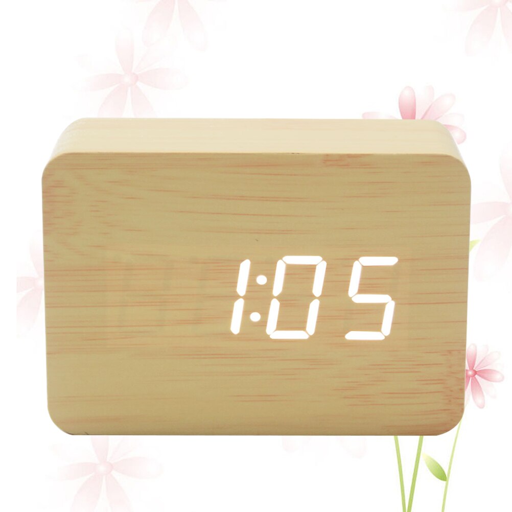 LED Electronic Wooden Clock Alarm Clock Table Clock for Home Office ( Yellow White Word) (Battery)