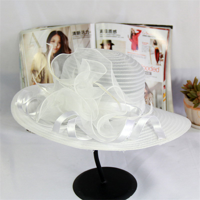 Kentucky Derby Floral Big Brim Hat Women's Organza Wedding Headwear Hat Foldable SunHat Beach with Beaded Festival hat: WHITE