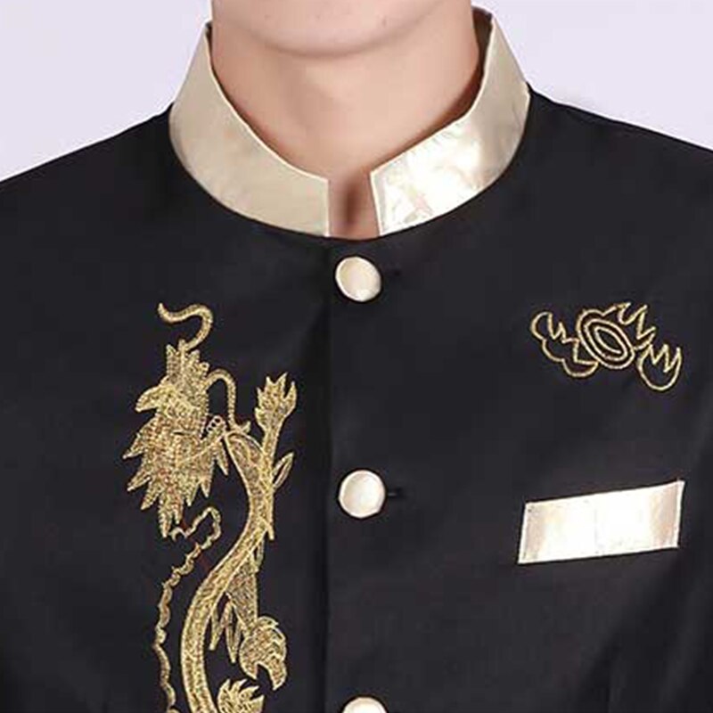 Túnica de estilo chino para hombre, chaqueta con bordado de dragón, cuello levantado dorado, traje de actuación de escenario, abrigo de un solo pecho