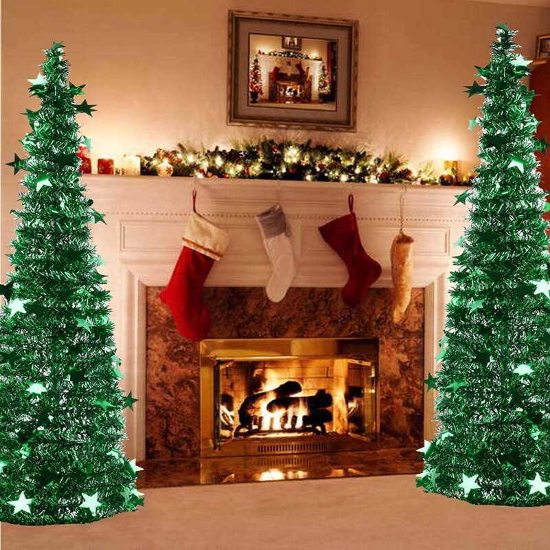 3.94FT Collapsible Christmas Tree Tinsel Xmas Tree Artificial Pencil Sequins Trees for Fireplace Party Decoration