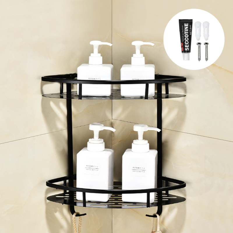 Estantes colgantes para baño, organizador de 2 capas, estante de esquina, soporte para champú sin perforaciones, estante de almacenamiento, cesta de inodoro