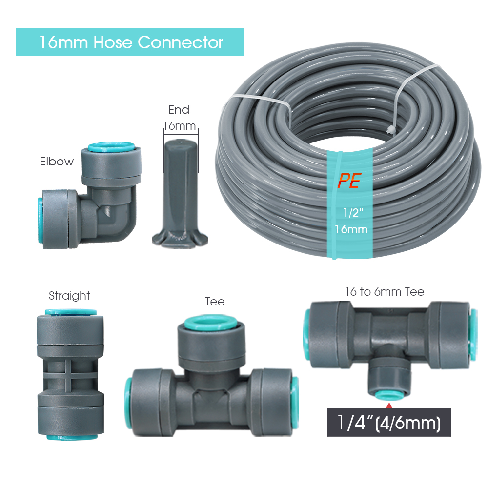 OD-16mm PE Hose Irrigation Connector Watering Tubing Joints Garden Drip System Fittings Tee Straight Elbow Pipe Repair Adaptee