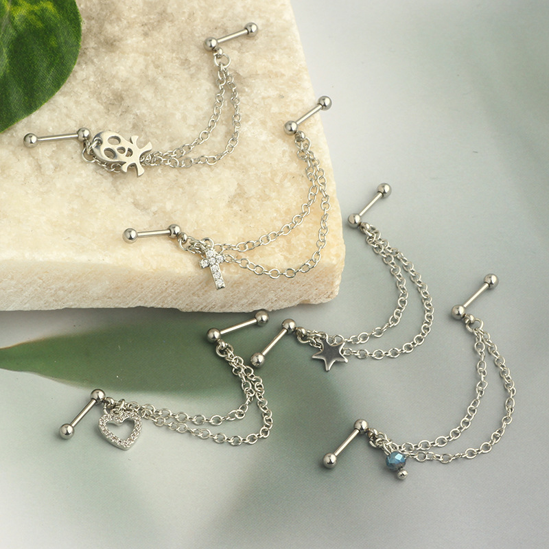 1pc Chain Earrings Stainless Steel Simple Industrial Piercing Love Heart Cartilage Helix Barbell Jewelry for Women