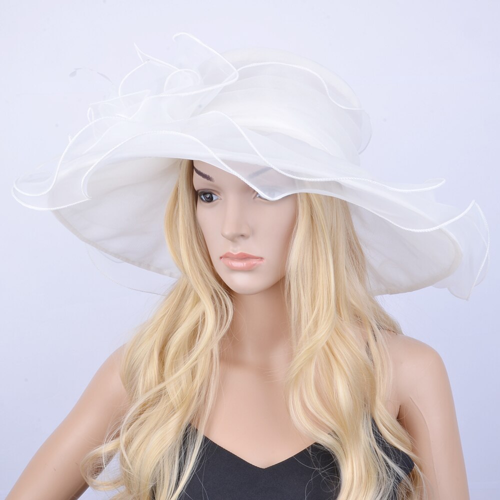 Watermelon pink X Large wide brim Organza Hat Hair Accessory sinamay fascinator for Church wedding,brim width 15.5cm.: IVORY