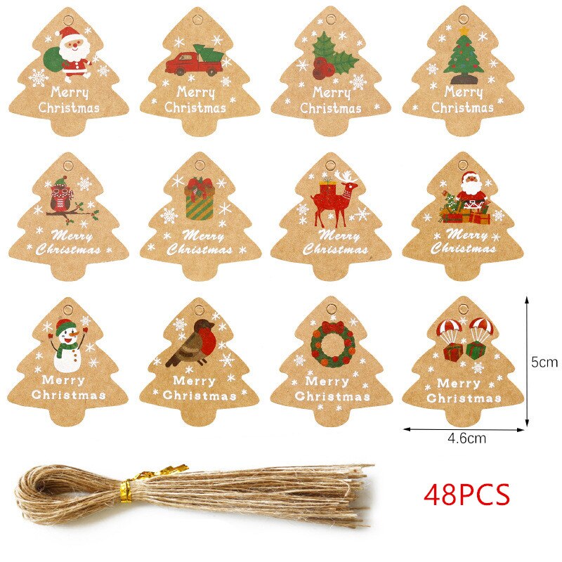 48 stk god jul diy kraft tags etiketter indpakningspapir hængemærker julemanden papirkort xmas festartikler: Træ tags kraf reb