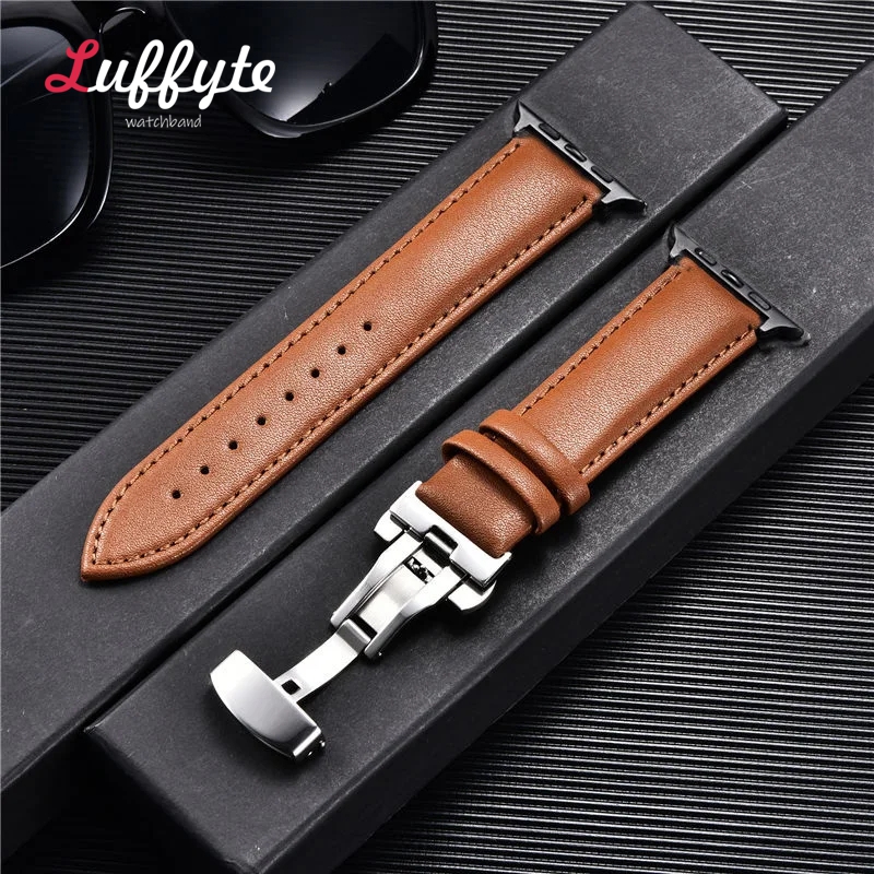 Bracelet de montre en cuir pour Apple Watch Ultra 9 8 7 6 5 4 3 avec fermoir papillon pour Iwatch 38mm 40mm 41mm 42mm 44mm 45mm 49mm bracelets: BLACK WHITE / 12mm
