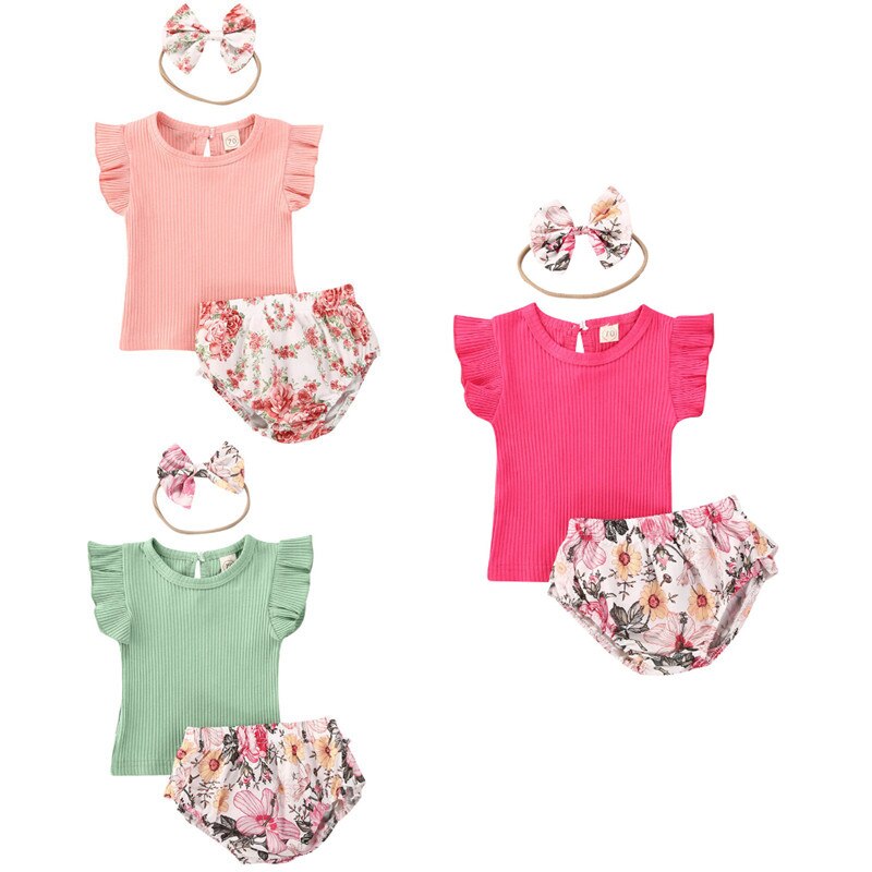 Schattige Baby Meisje Kleding Ruches Mouwloze Top + Bloemenprint Shorts + Hoofdband 3 Stuks Maat 0-24M
