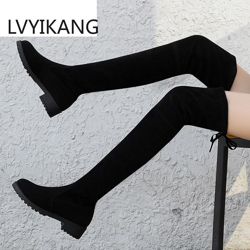 Bottes noires au dessus du genou pour femme, chaussures Sexy, cuissardes hautes, bout rond, automne hiver