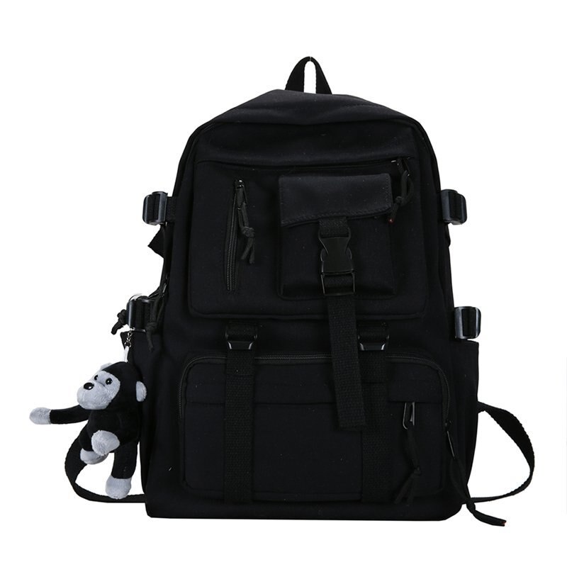 Mochila negra de estilo Preppy para hombre y mujer, morral de nailon impermeable con múltiples bolsillos, bolso de hombro para adolescentes: Negro / keychain charms