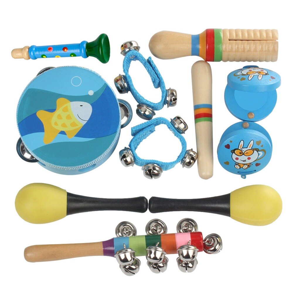 Blå orff legetøj 10 sæt tamburin/sand hamme/ kastanjetter/håndledsklokke/ enkelt ring/pind/lille klokke/højttaler