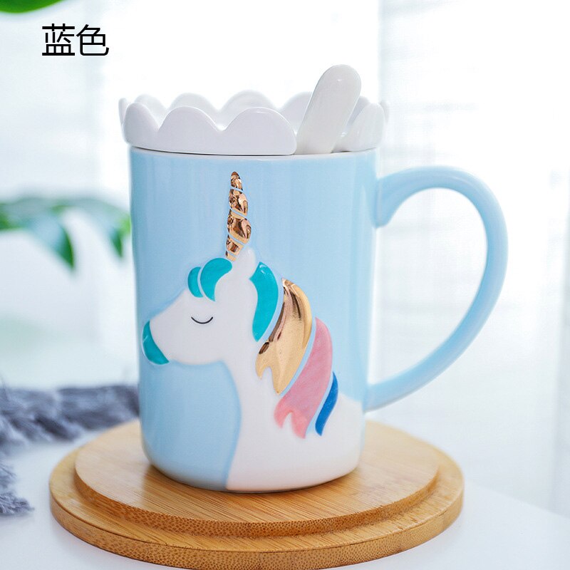 Holaroom Kreative Einhorn Kaffee Becher Milch Kaffee Tee Trinken Tasse Praktische Keramik Tasse Mit Löffel Und Krone Deckel Getränk 350ml: Blau