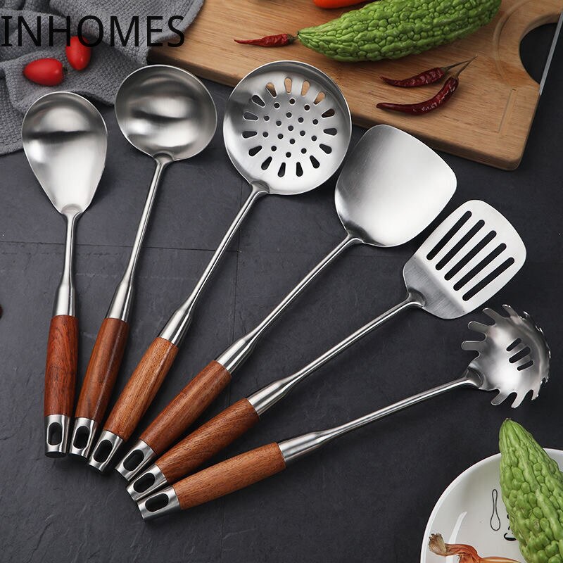 Manche en bois de rose, spatule Wok en acier inoxydable, pelle fendue, retourneur cuillère à riz, ustensile de service, outils de cuisine
