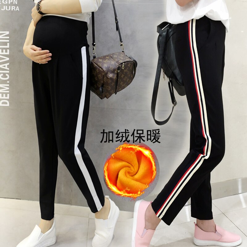 Leggings de forro polar dorado para mujeres embarazadas, pantalones de maternidad de retales a rayas laterales, terciopelo grueso, pantalones abdominales cálidos para invierno