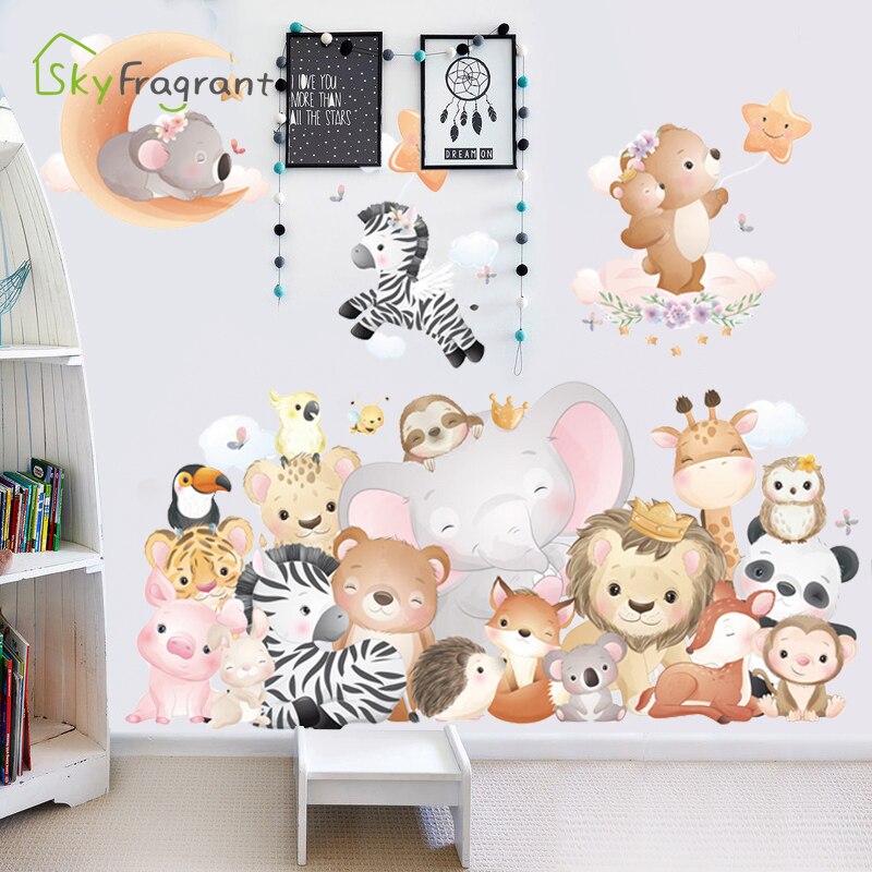 Cartoon Cute Animals Wall Stickers For Kids Rooms Baby Boy Bedroom Wall Decorations Self Adhesive Decoration Stickers Home Decor