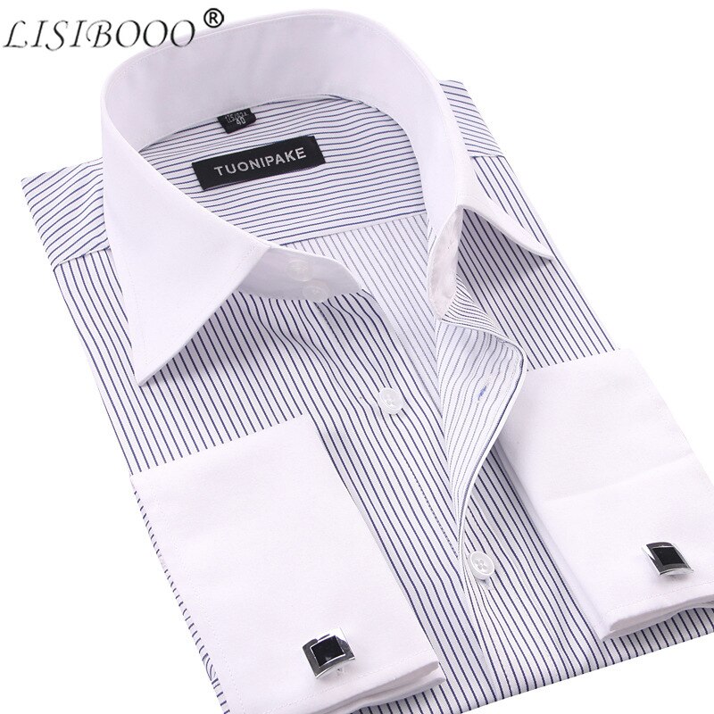 LISIBOOO Men Casual Slim Fit Shirt Mens Long Sleeve Business Dress Shirt French Cufflinks Shirt Male Striped Shirt